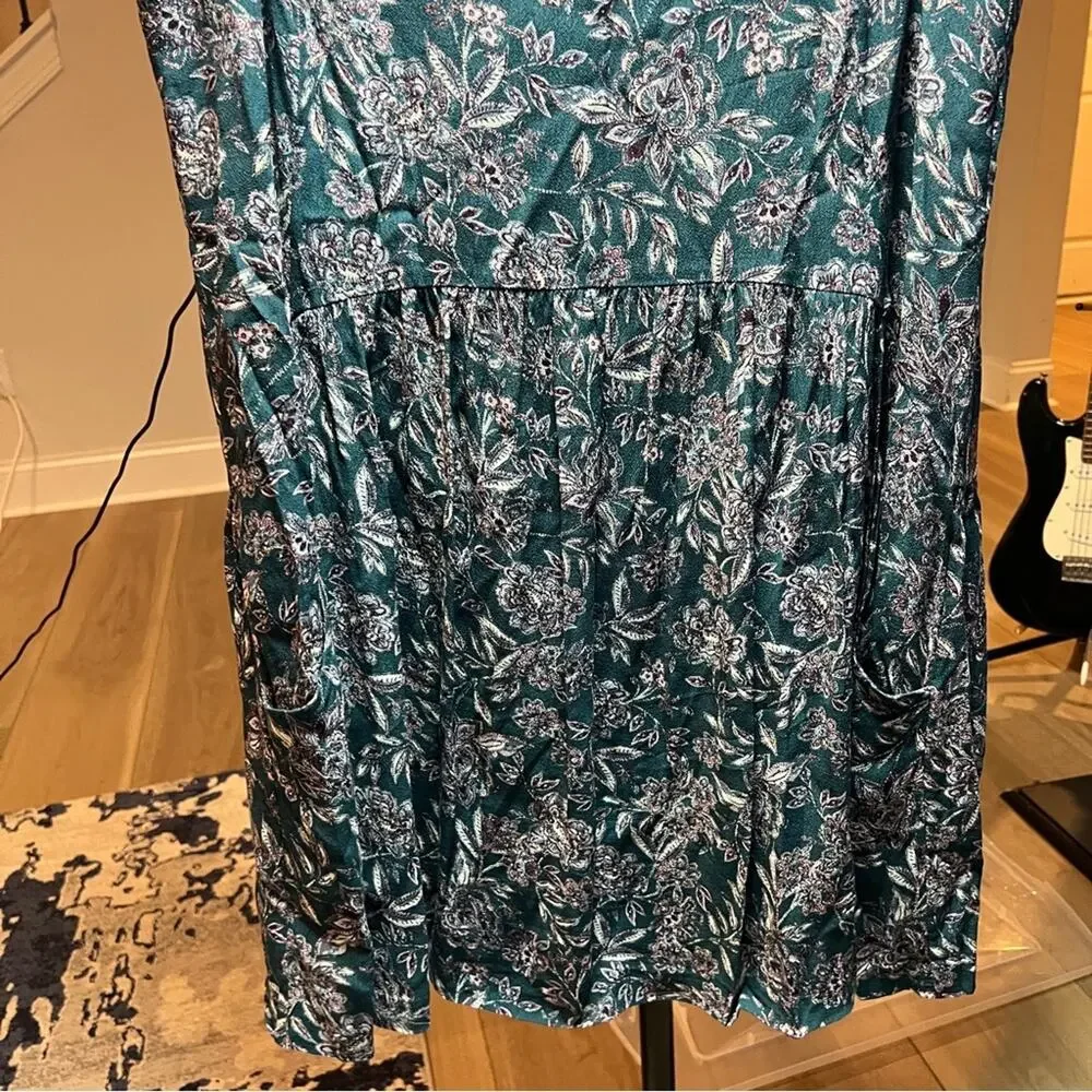 Garnet Hill 14 Teal Floral Women's Dress Pockets Paisley Boho